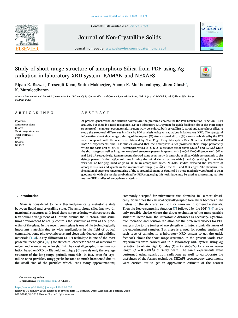 Study of short range structure of amorphous Silica from PDF using Ag radiation in laboratory XRD system, RAMAN and NEXAFS