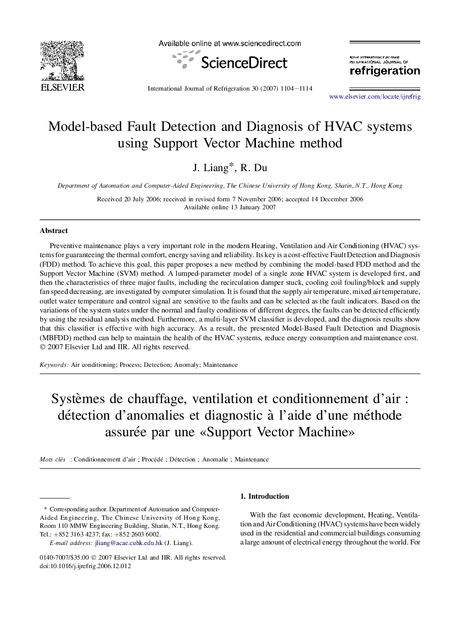 Model-based Fault Detection and Diagnosis of HVAC systems using Support Vector Machine method