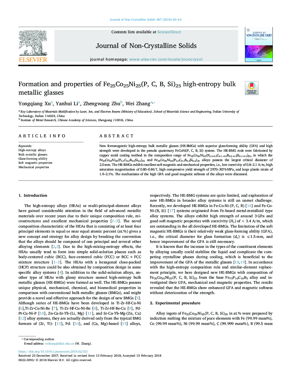 Formation and properties of Fe25Co25Ni25(P, C, B, Si)25 high-entropy bulk metallic glasses