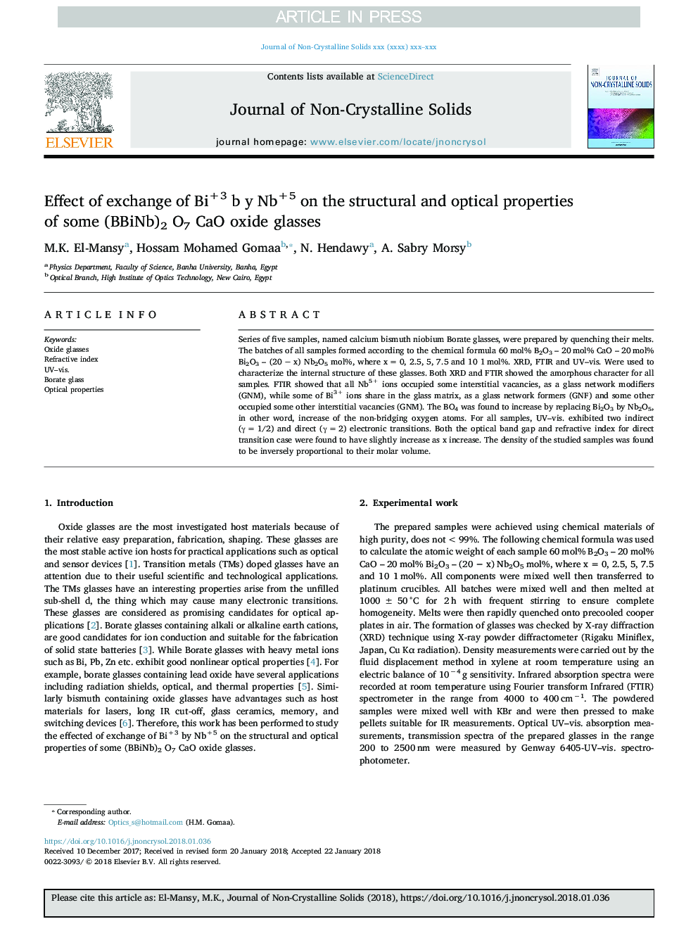 Effect of exchange of Bi+3 b y Nb+5 on the structural and optical properties of some (BBiNb)2 O7 CaO oxide glasses