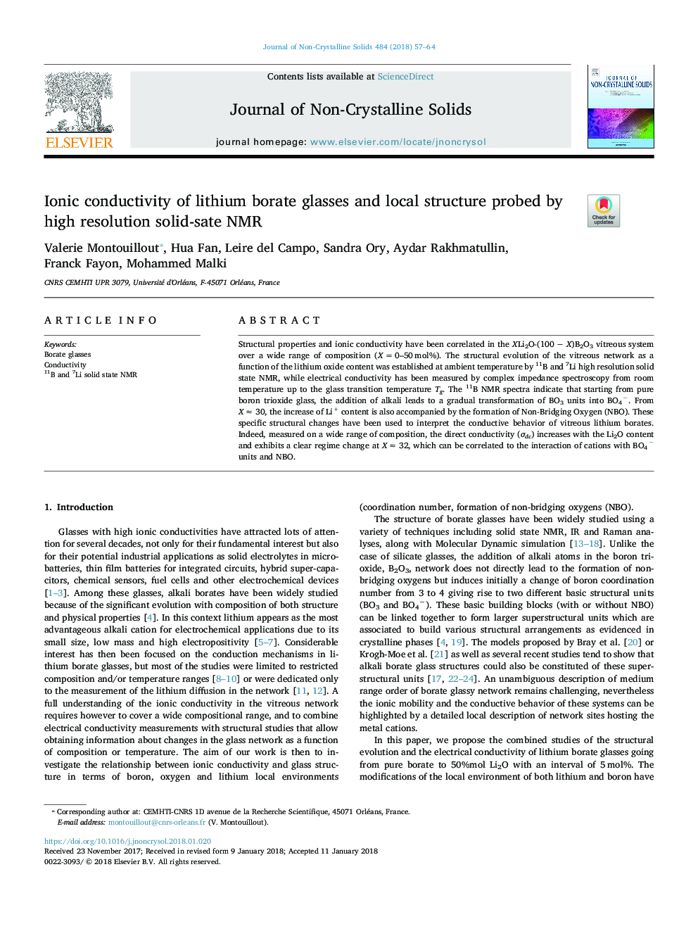 عکس صفحه اول مقاله: Ionic conductivity of lithium borate glasses and local structure probed by high resolution solid-sate NMR Ionic conductivity of lithium borate glasses and local structure probed by high resolution solid-sate NMR