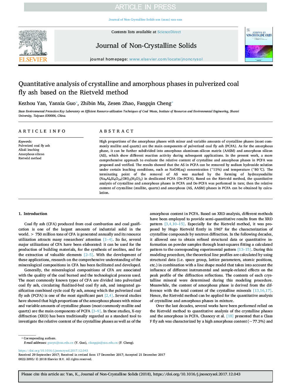 Quantitative analysis of crystalline and amorphous phases in pulverized coal fly ash based on the Rietveld method