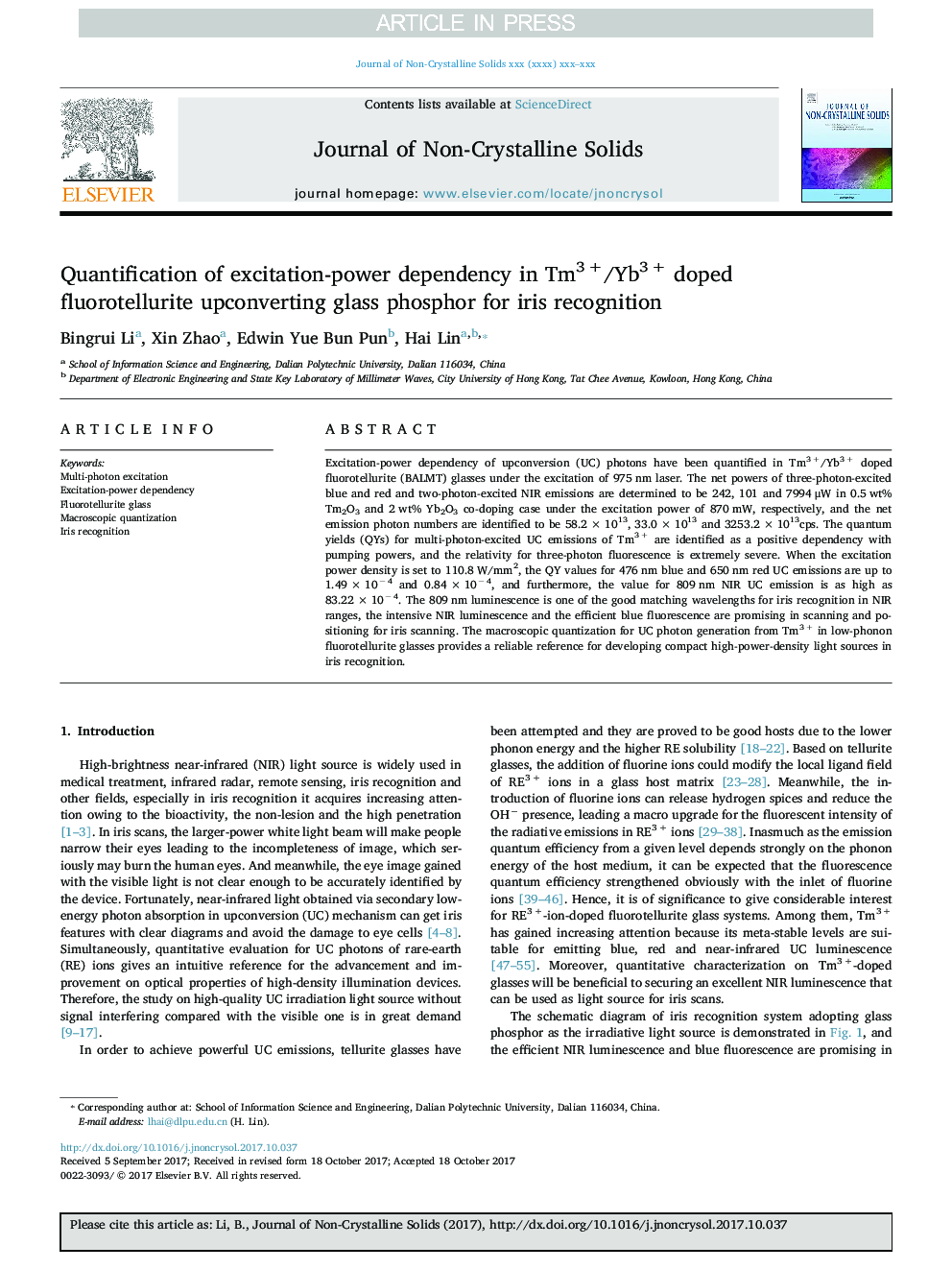 Quantification of excitation-power dependency in Tm3Â +/Yb3Â + doped fluorotellurite upconverting glass phosphor for iris recognition