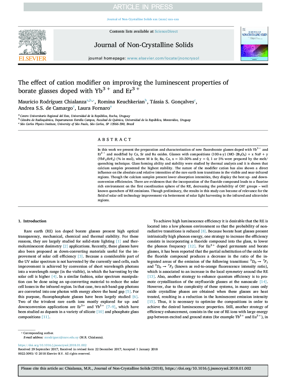 عکس صفحه اول مقاله: The effect of cation modifier on improving the luminescent properties of borate glasses doped with Yb3Â + and Er3Â + The effect of cation modifier on improving the luminescent properties of borate glasses doped with Yb3Â + and Er3Â +