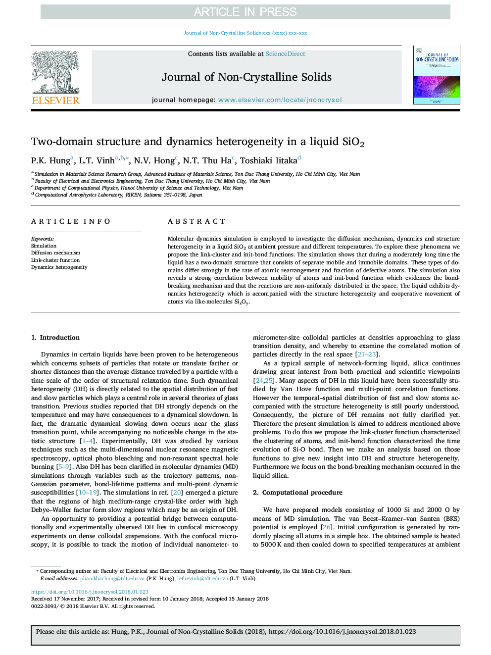 عکس صفحه اول مقاله: Two-domain structure and dynamics heterogeneity in a liquid SiO2 Two-domain structure and dynamics heterogeneity in a liquid SiO2