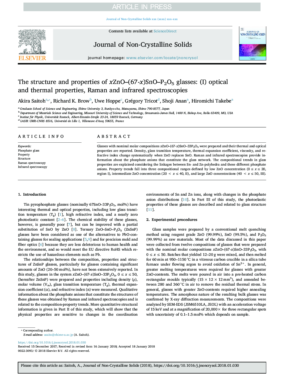 The structure and properties of xZnO-(67-x)SnO-P2O5 glasses: (I) optical and thermal properties, Raman and infrared spectroscopies