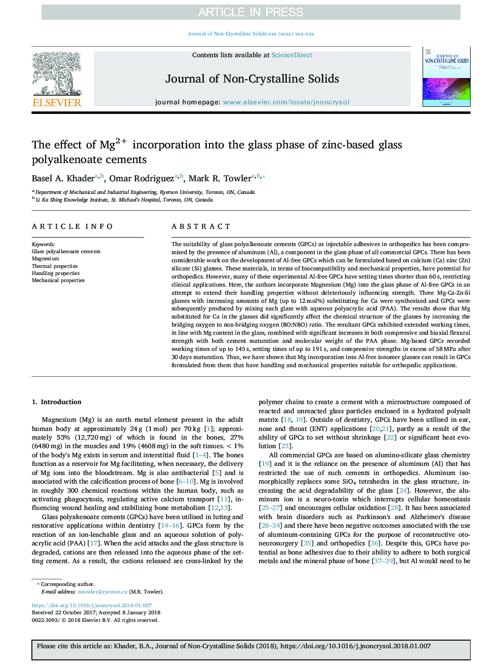 عکس صفحه اول مقاله: The effect of Mg2+ incorporation into the glass phase of zinc-based glass polyalkenoate cements The effect of Mg2+ incorporation into the glass phase of zinc-based glass polyalkenoate cements