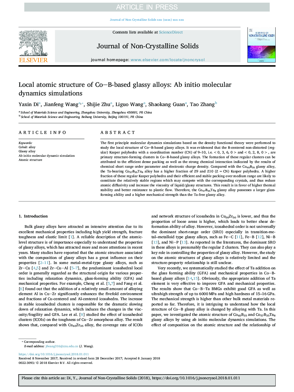 Local atomic structure of CoB-based glassy alloys: Ab initio molecular dynamics simulations