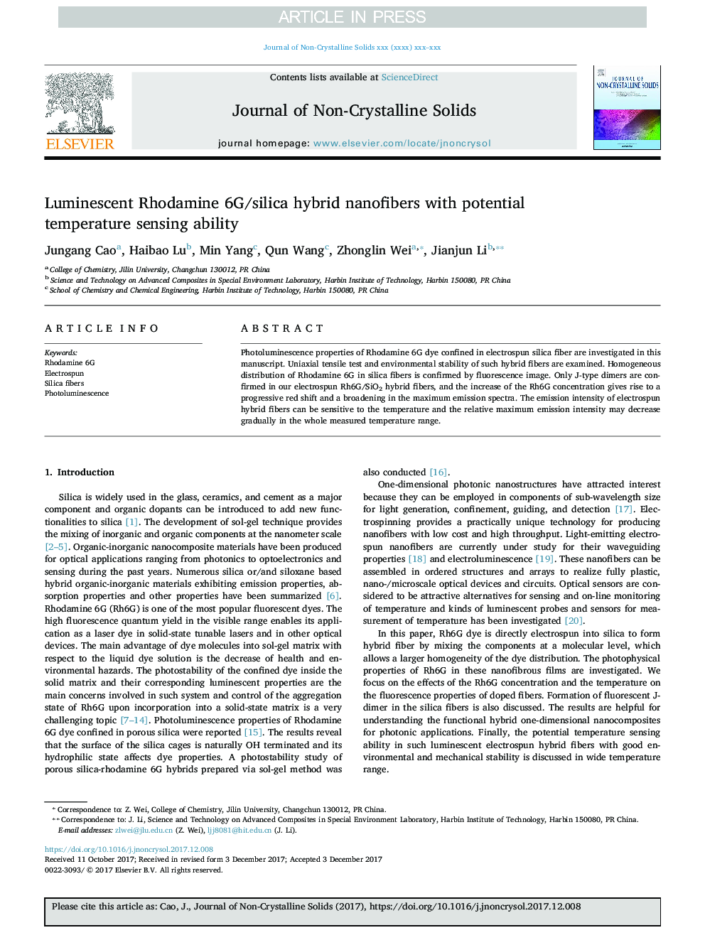 Luminescent Rhodamine 6G/silica hybrid nanofibers with potential temperature sensing ability