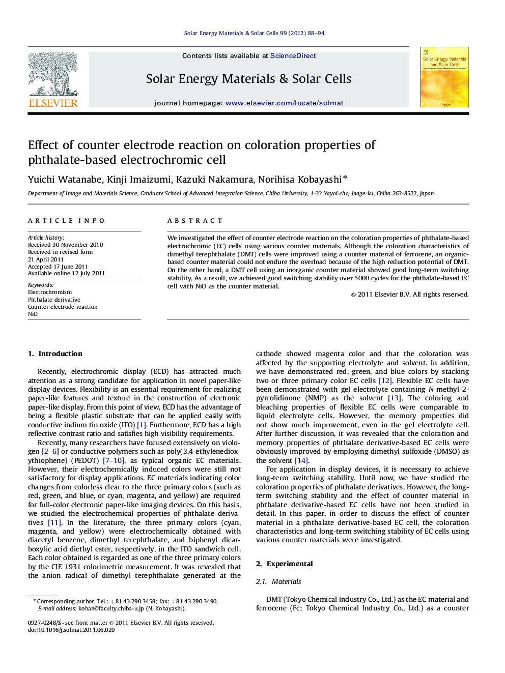 Effect of counter electrode reaction on coloration properties of phthalate-based electrochromic cell