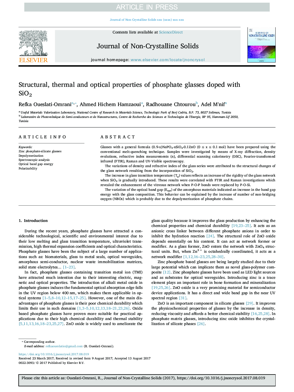 عکس صفحه اول مقاله: Structural, thermal and optical properties of phosphate glasses doped with SiO2 Structural, thermal and optical properties of phosphate glasses doped with SiO2