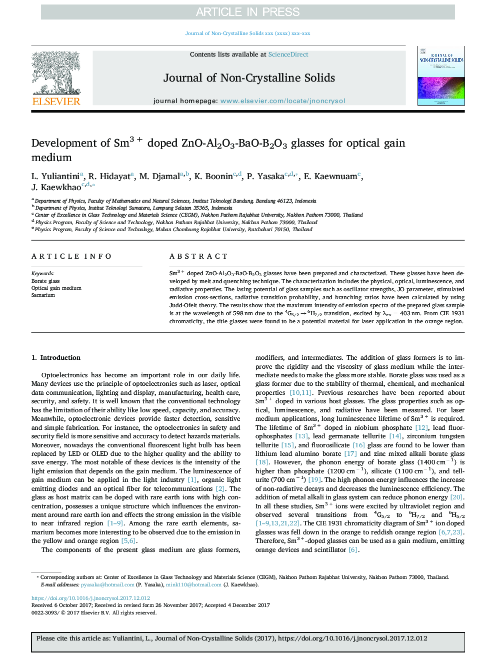 Development of Sm3Â + doped ZnO-Al2O3-BaO-B2O3 glasses for optical gain medium