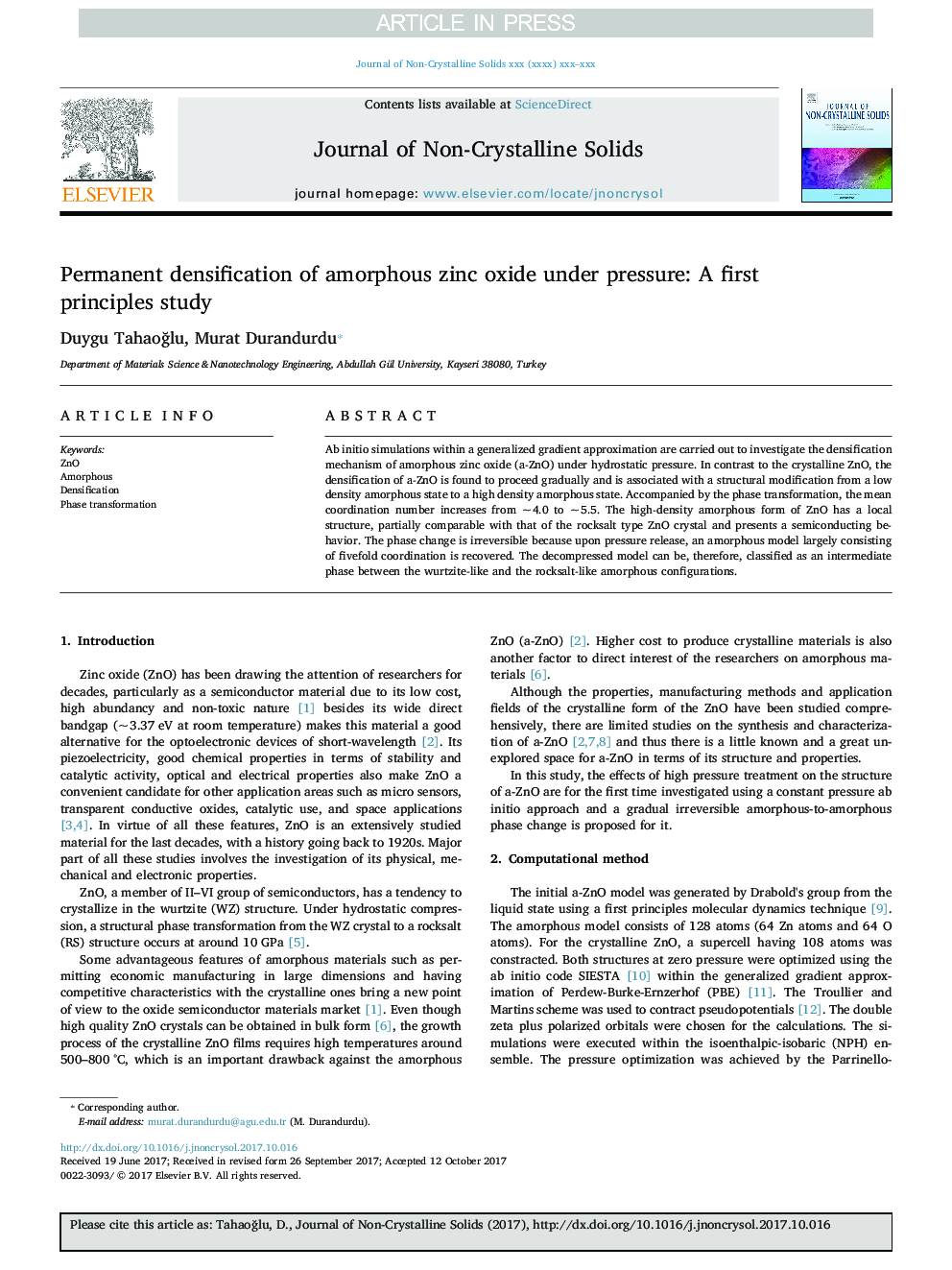 Permanent densification of amorphous zinc oxide under pressure: A first principles study