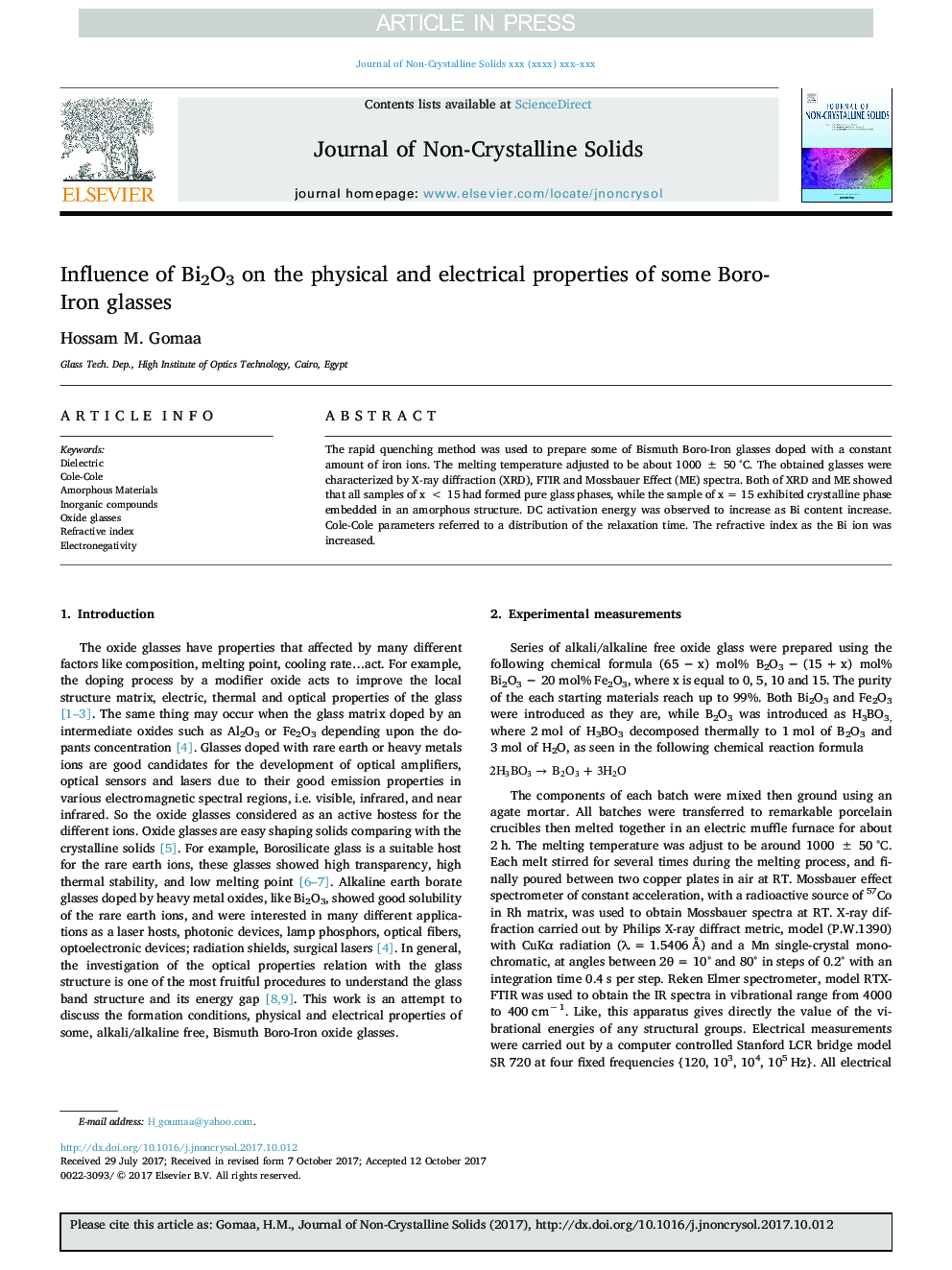 Influence of Bi2O3 on the physical and electrical properties of some Boro-Iron glasses