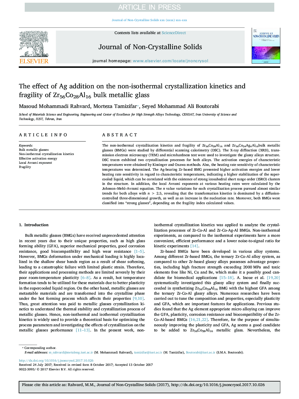The effect of Ag addition on the non-isothermal crystallization kinetics and fragility of Zr56Co28Al16 bulk metallic glass