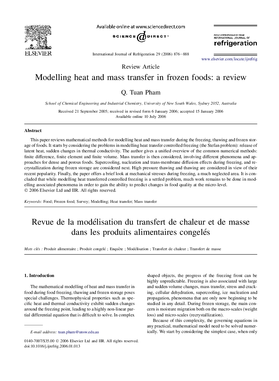 Modelling heat and mass transfer in frozen foods: a review