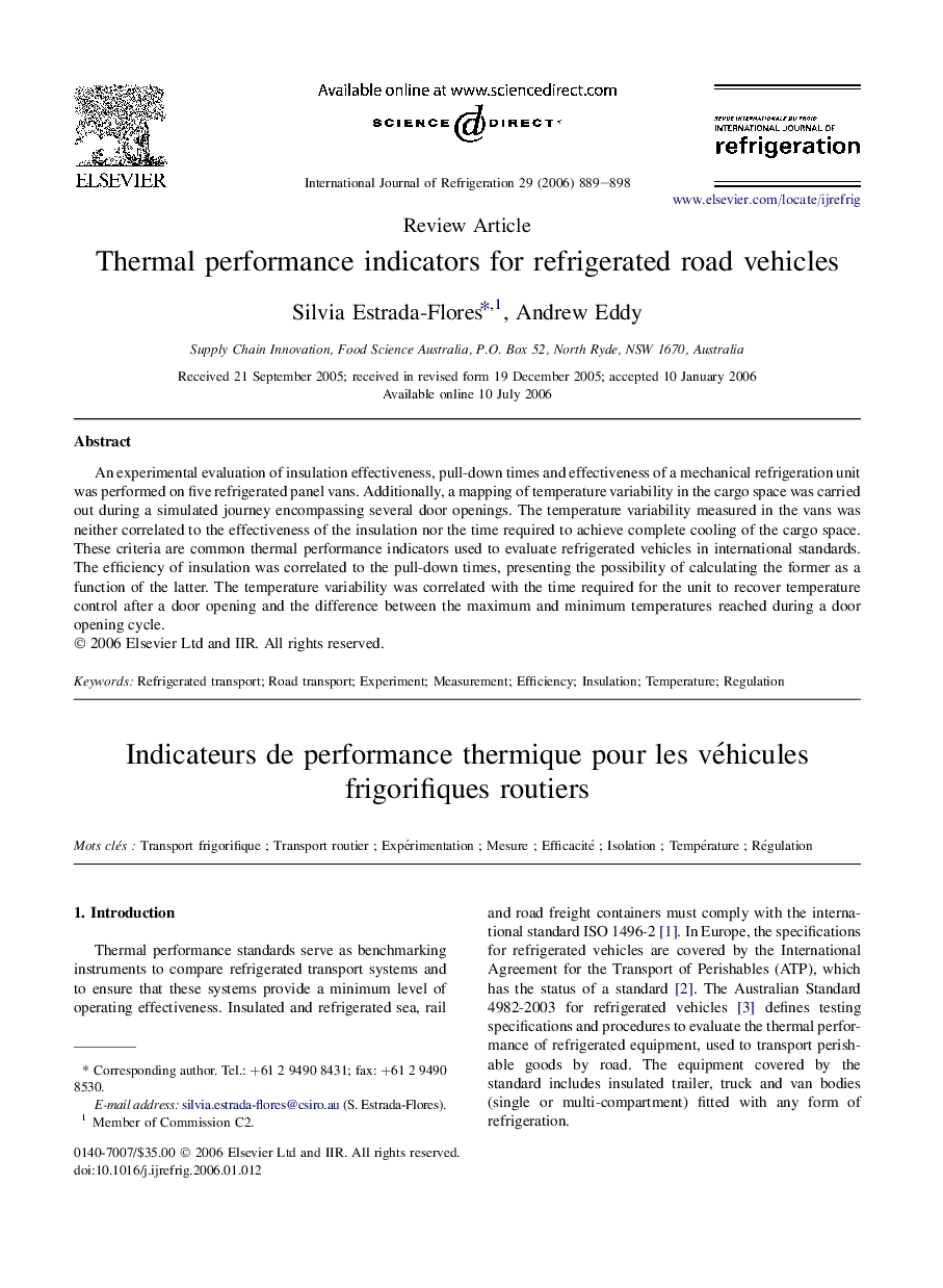 Thermal performance indicators for refrigerated road vehicles