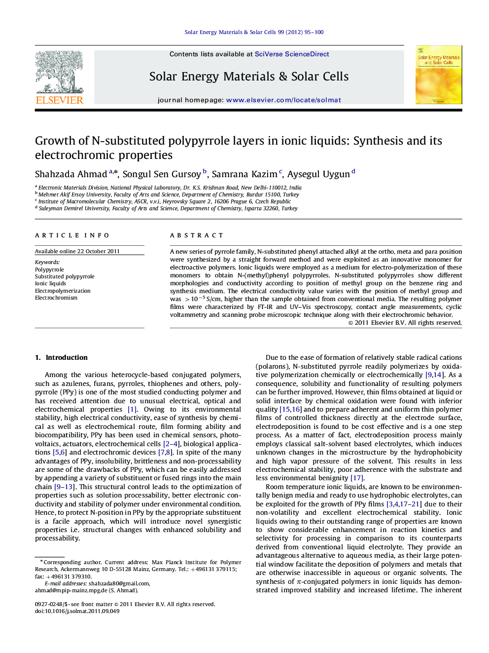 Growth of N-substituted polypyrrole layers in ionic liquids: Synthesis and its electrochromic properties