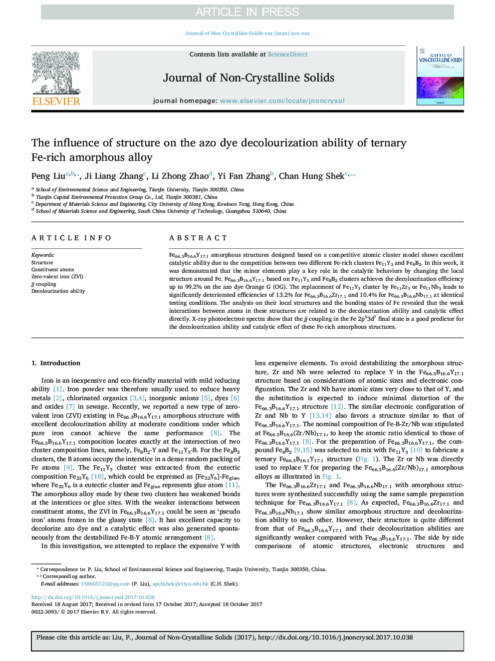 The influence of structure on the azo dye decolourization ability of ternary Fe-rich amorphous alloy