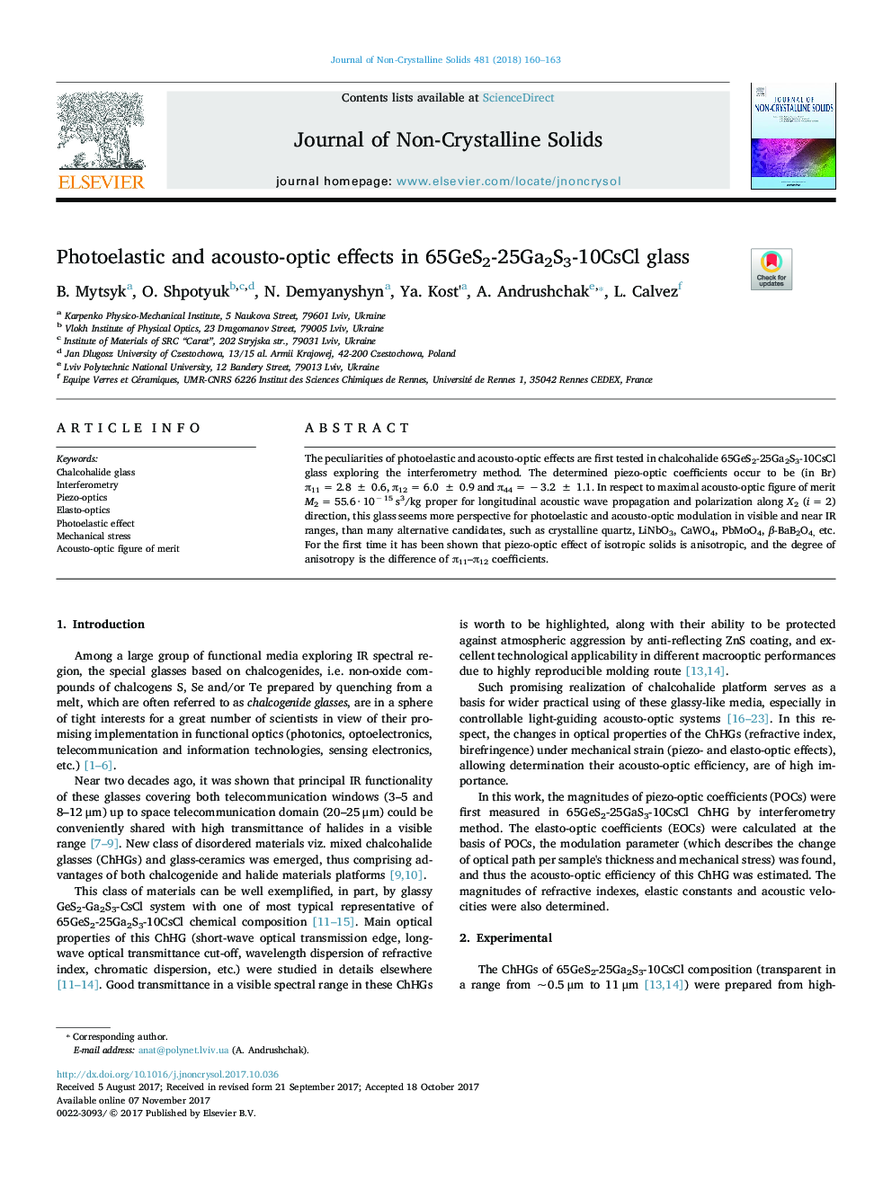 Photoelastic and acousto-optic effects in 65GeS2-25Ga2S3-10CsCl glass