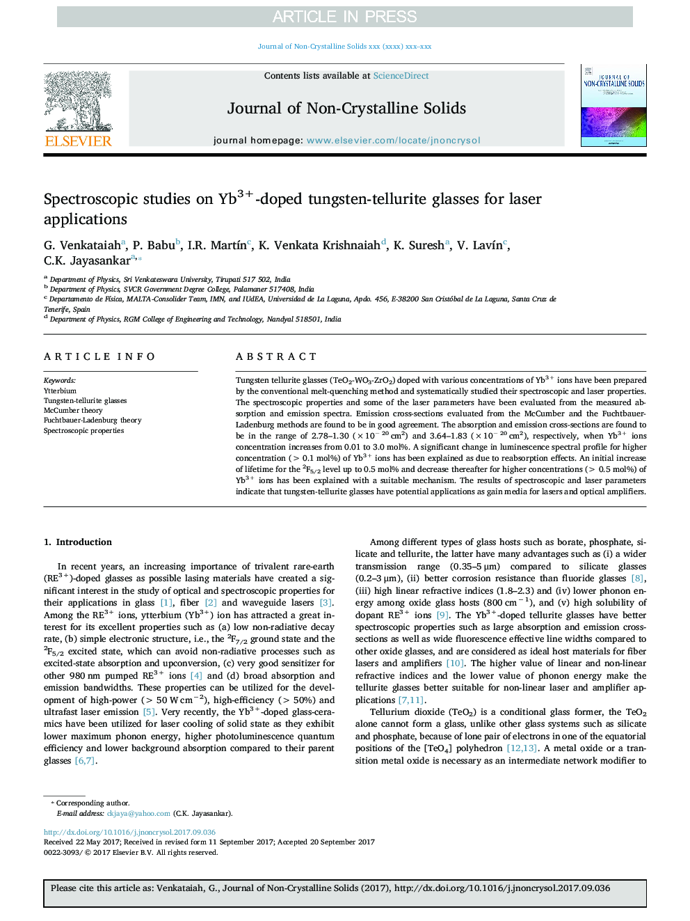 Spectroscopic studies on Yb3+-doped tungsten-tellurite glasses for laser applications