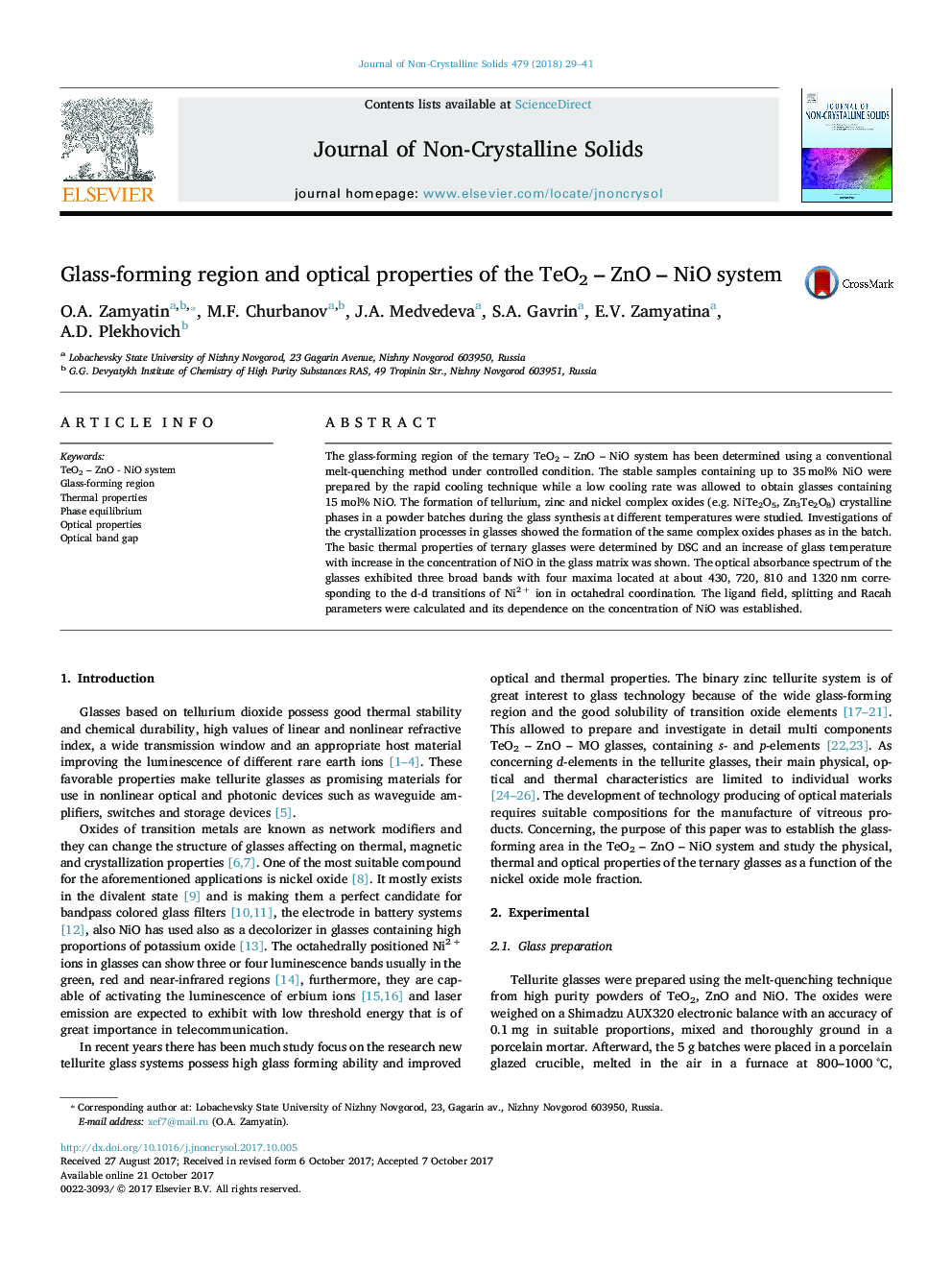 Glass-forming region and optical properties of the TeO2 - ZnO - NiO system