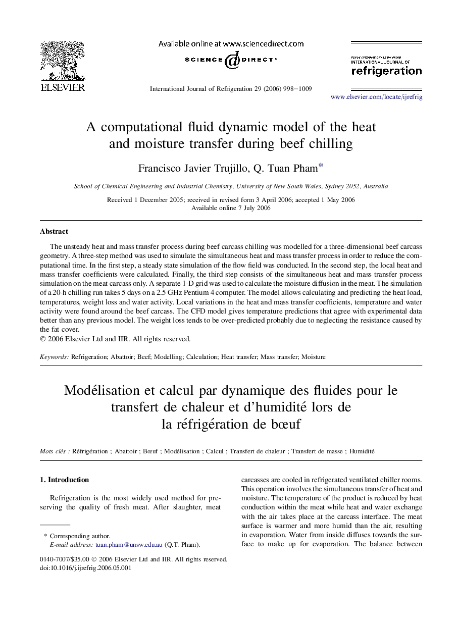 A computational fluid dynamic model of the heat and moisture transfer during beef chilling