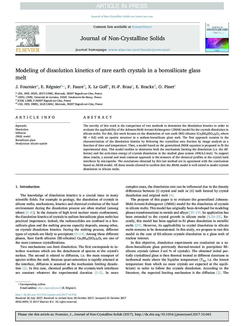 مدل سازی سینتیک انحلال کریستال های خاکی کمیاب در یک ذوب شیشه بوروسیلیکات 