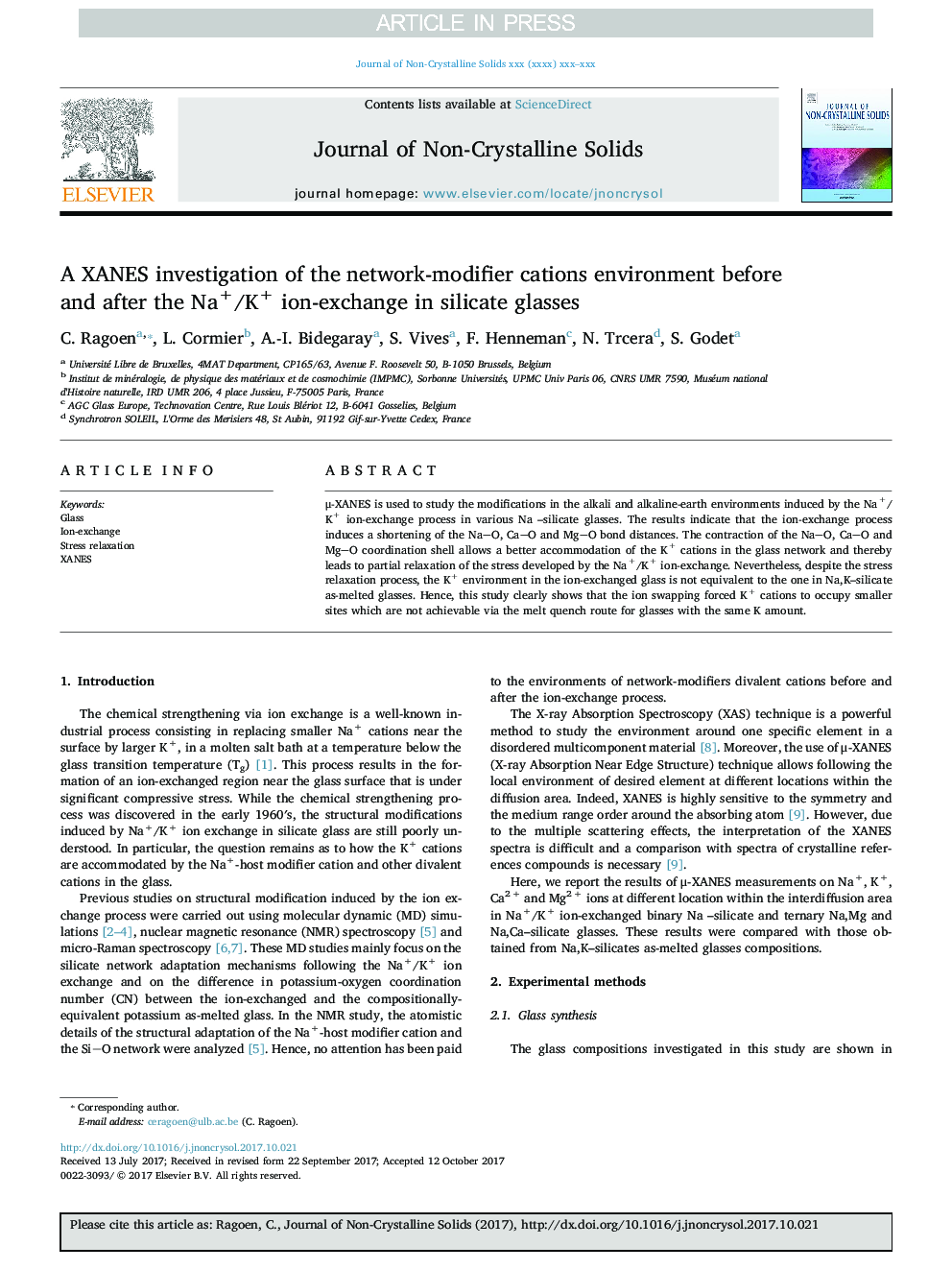 عکس صفحه اول مقاله: A XANES investigation of the network-modifier cations environment before and after the Na+/K+ ion-exchange in silicate glasses A XANES investigation of the network-modifier cations environment before and after the Na+/K+ ion-exchange in silicate glasses