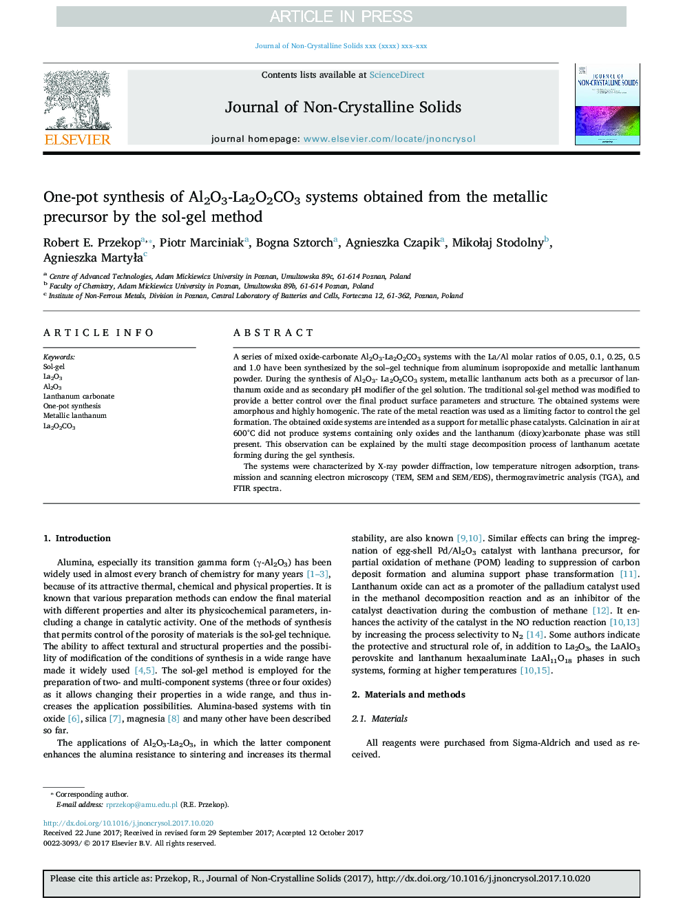 One-pot synthesis of Al2O3-La2O2CO3 systems obtained from the metallic precursor by the sol-gel method