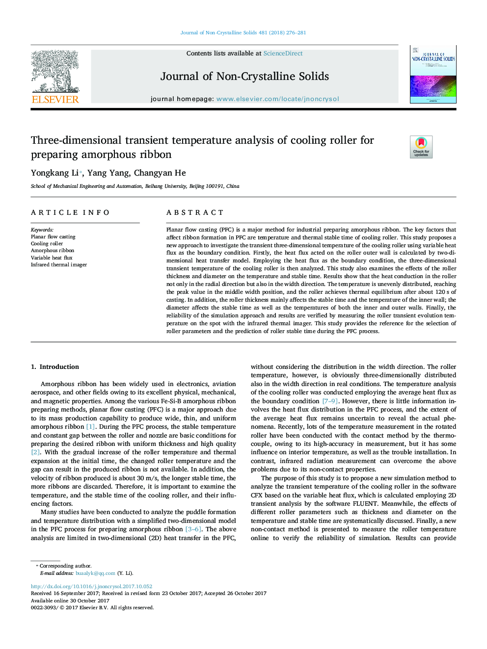 Three-dimensional transient temperature analysis of cooling roller for preparing amorphous ribbon