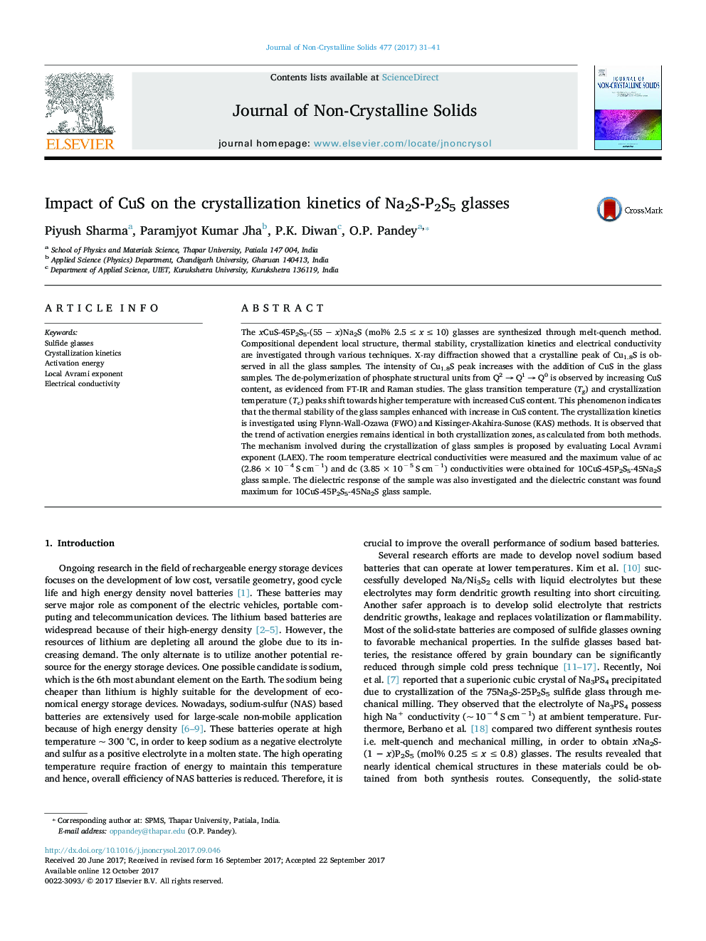 Impact of CuS on the crystallization kinetics of Na2S-P2S5 glasses