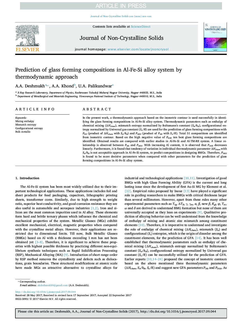 Prediction of glass forming compositions in Al-Fe-Si alloy system by thermodynamic approach
