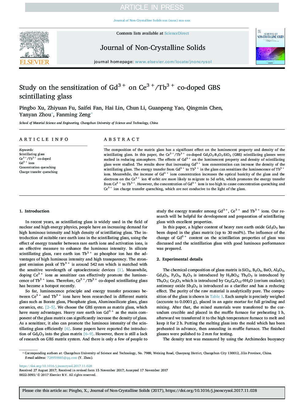 Study on the sensitization of Gd3Â + on Ce3Â +/Tb3Â + co-doped GBS scintillating glass