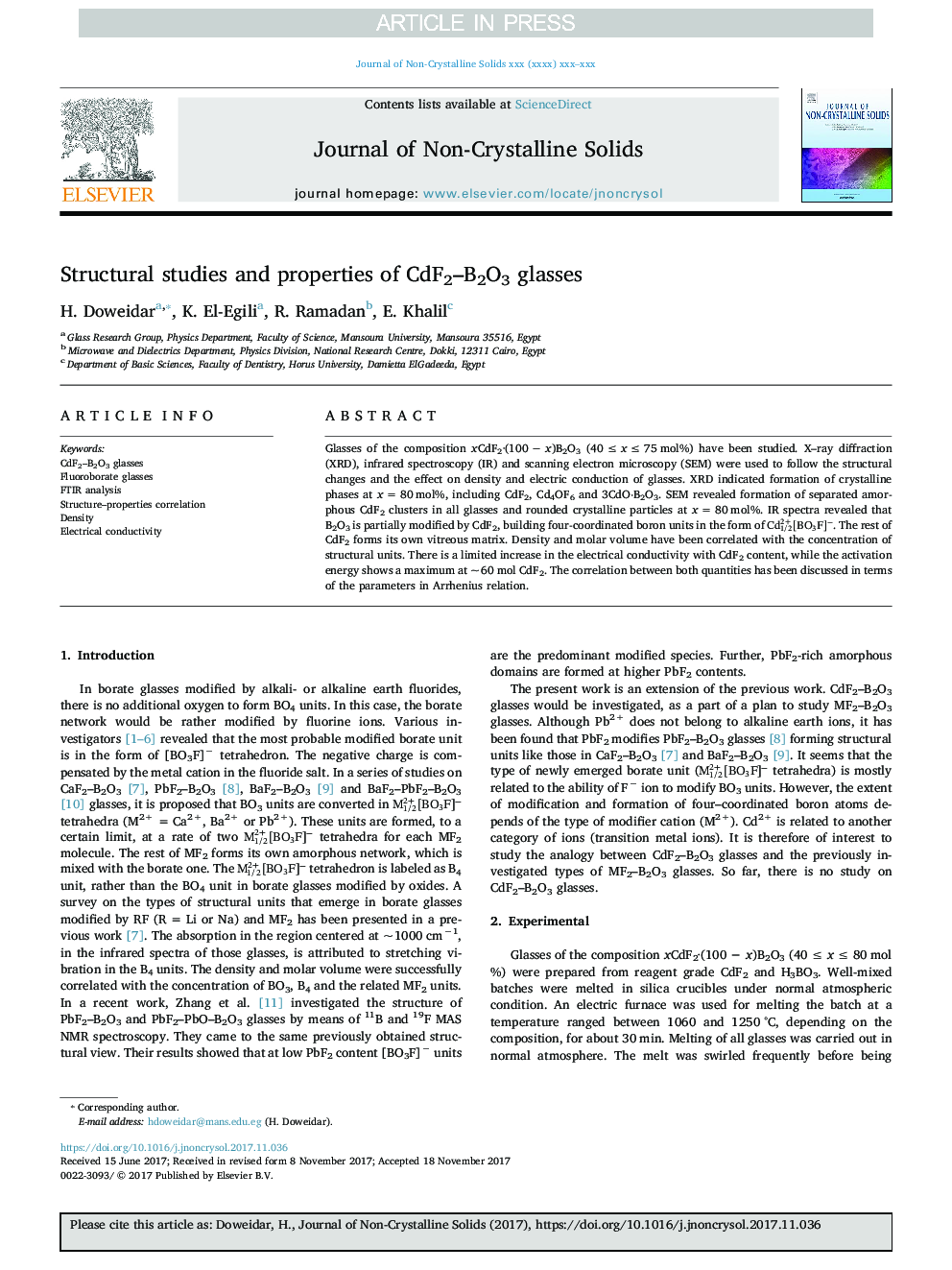 عکس صفحه اول مقاله: Structural studies and properties of CdF2-B2O3 glasses Structural studies and properties of CdF2-B2O3 glasses