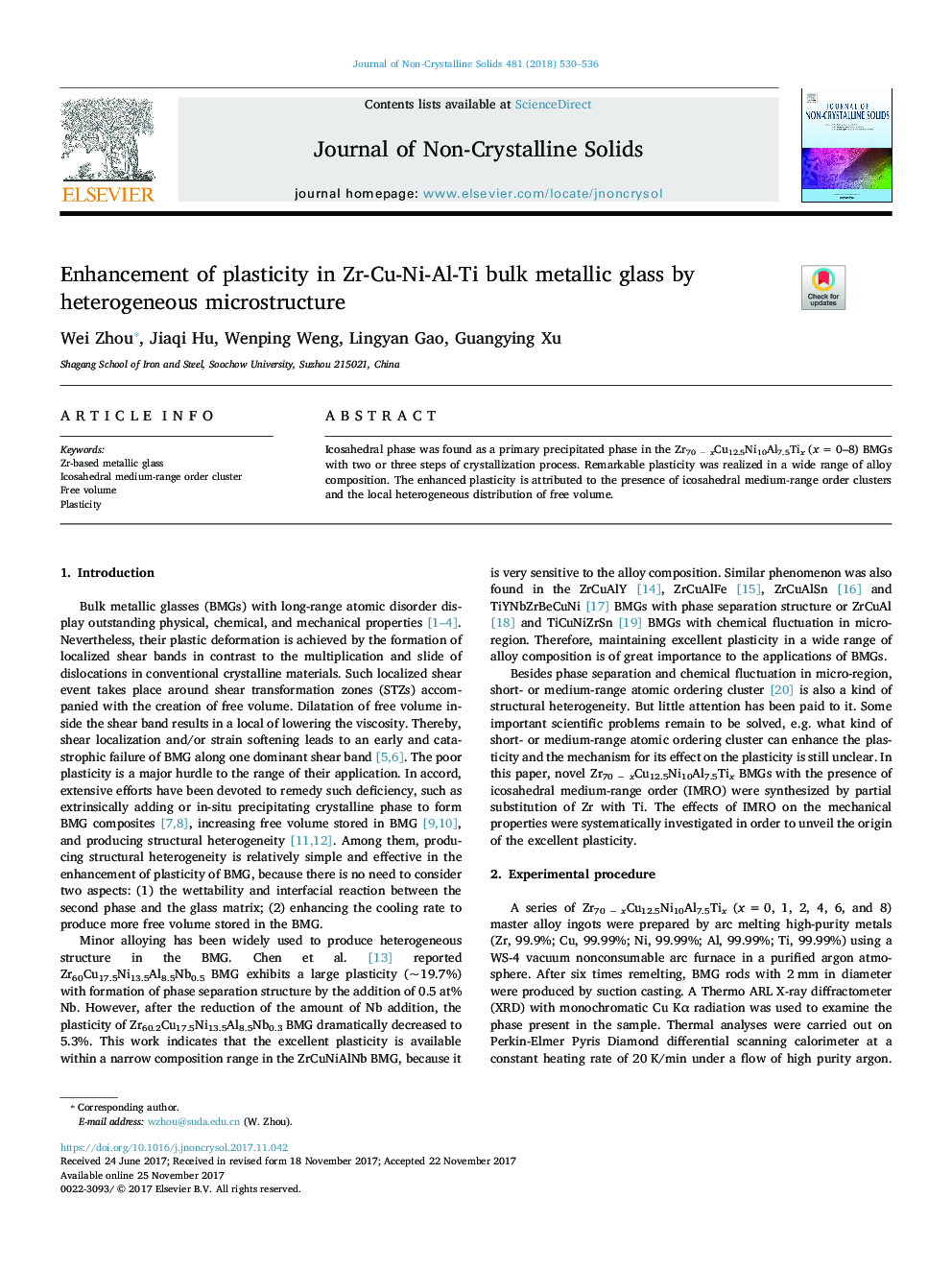 Enhancement of plasticity in Zr-Cu-Ni-Al-Ti bulk metallic glass by heterogeneous microstructure