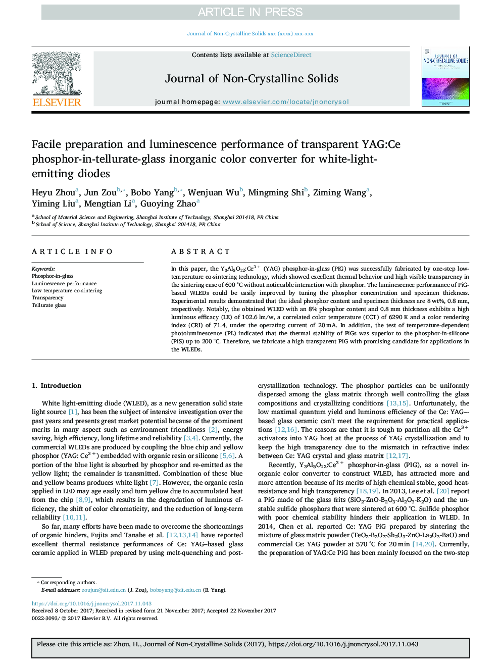 Facile preparation and luminescence performance of transparent YAG:Ce phosphor-in-tellurate-glass inorganic color converter for white-light-emitting diodes