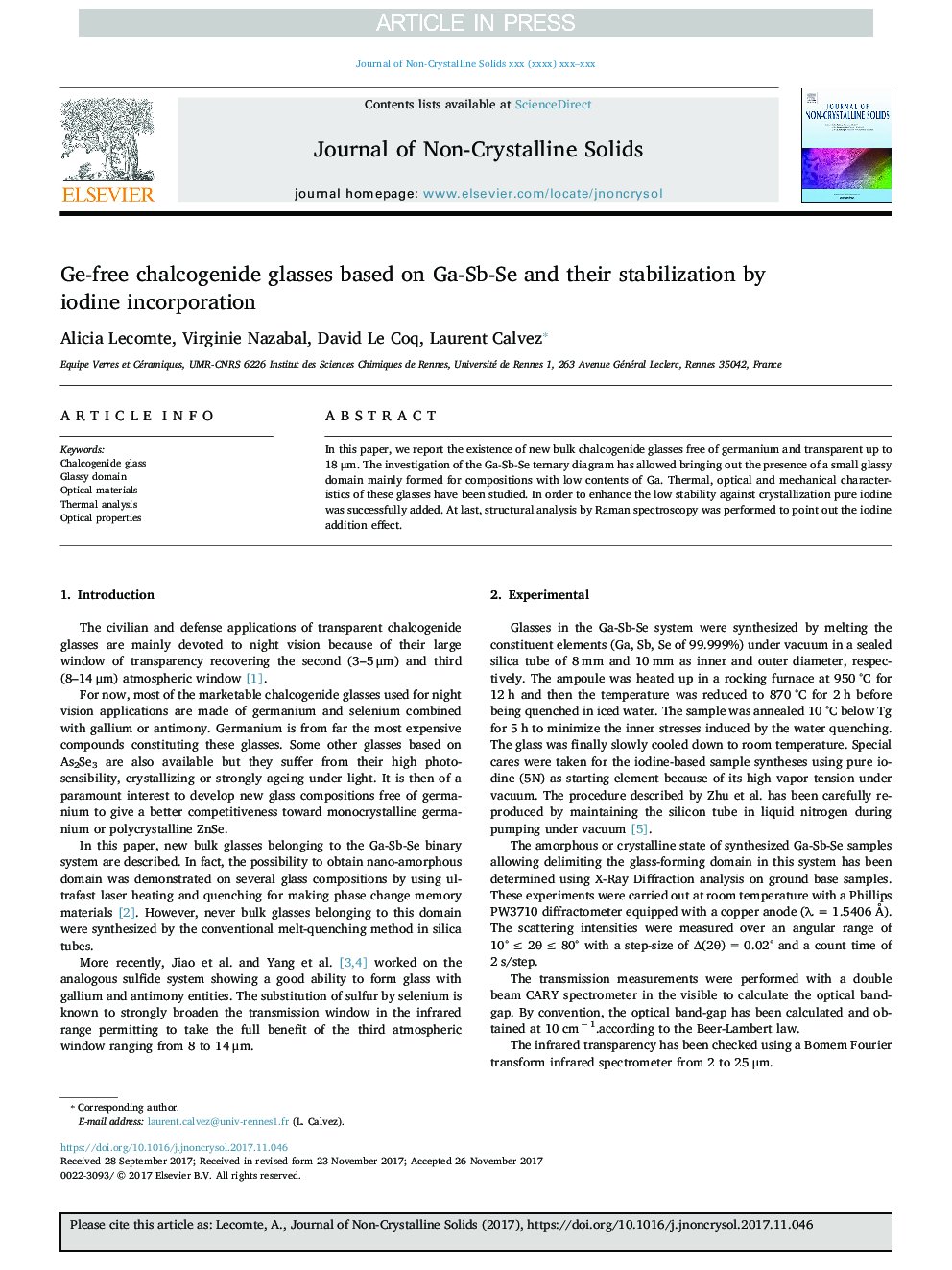 Ge-free chalcogenide glasses based on Ga-Sb-Se and their stabilization by iodine incorporation