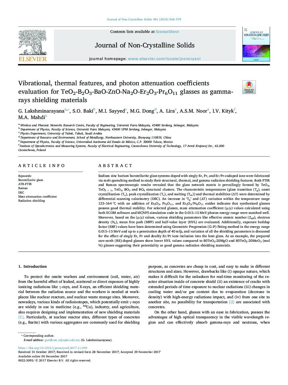 Vibrational, thermal features, and photon attenuation coefficients evaluation for TeO2-B2O3-BaO-ZnO-Na2O-Er2O3-Pr6O11 glasses as gamma-rays shielding materials