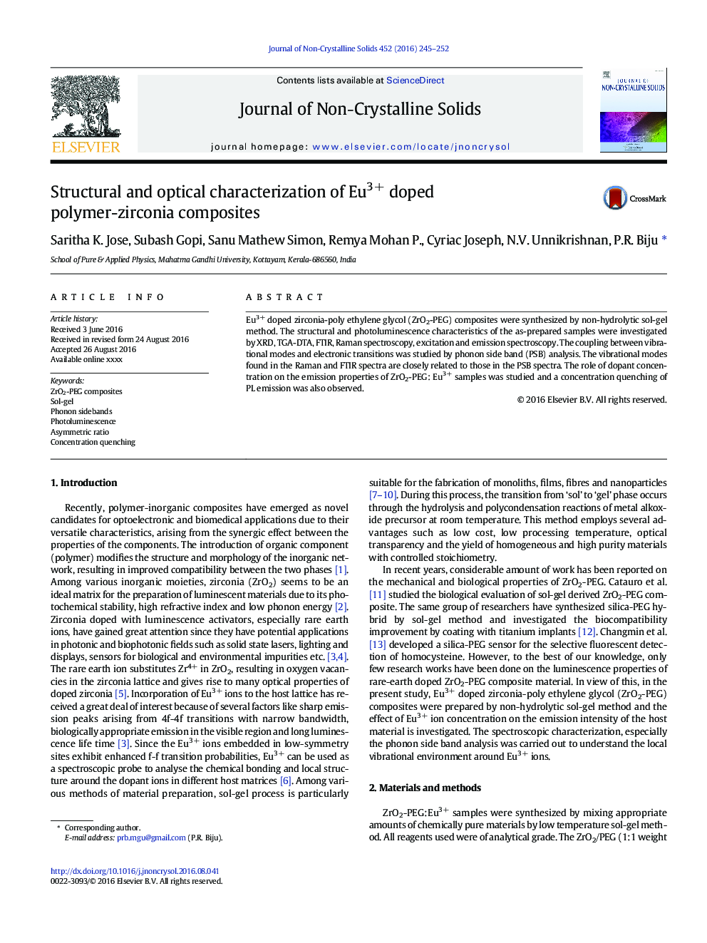 Structural and optical characterization of Eu3+ doped polymer-zirconia composites