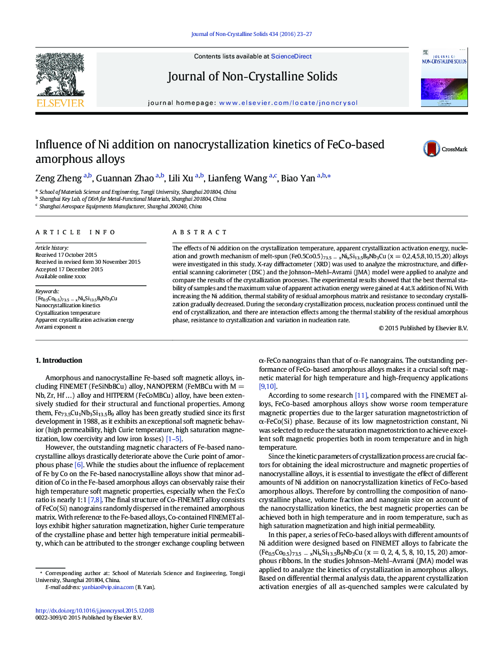 Influence of Ni addition on nanocrystallization kinetics of FeCo-based amorphous alloys