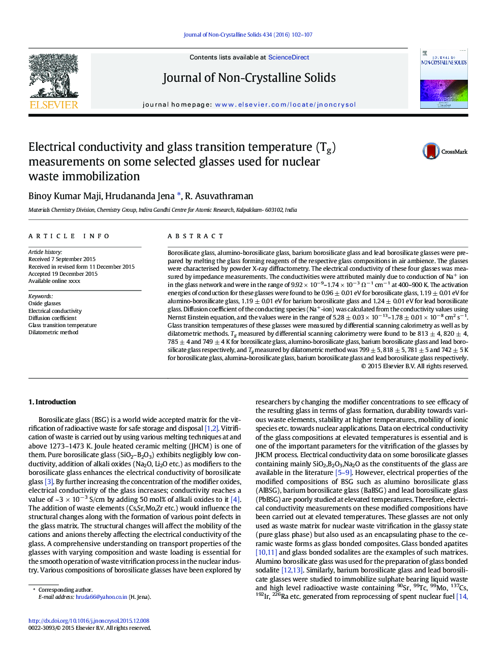 Electrical conductivity and glass transition temperature (Tg) measurements on some selected glasses used for nuclear waste immobilization