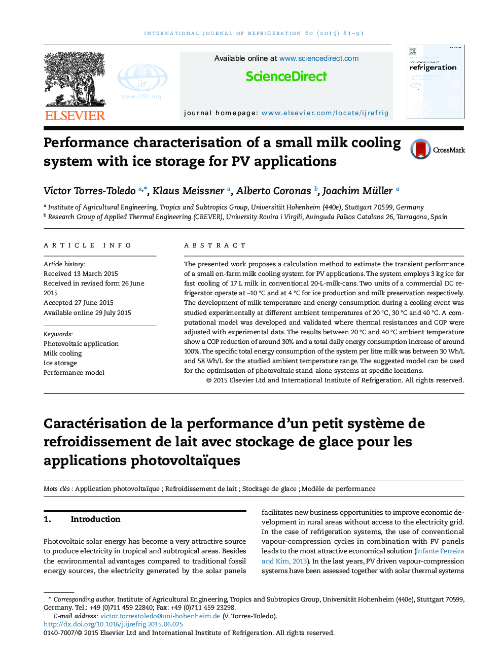 Performance characterisation of a small milk cooling system with ice storage for PV applications