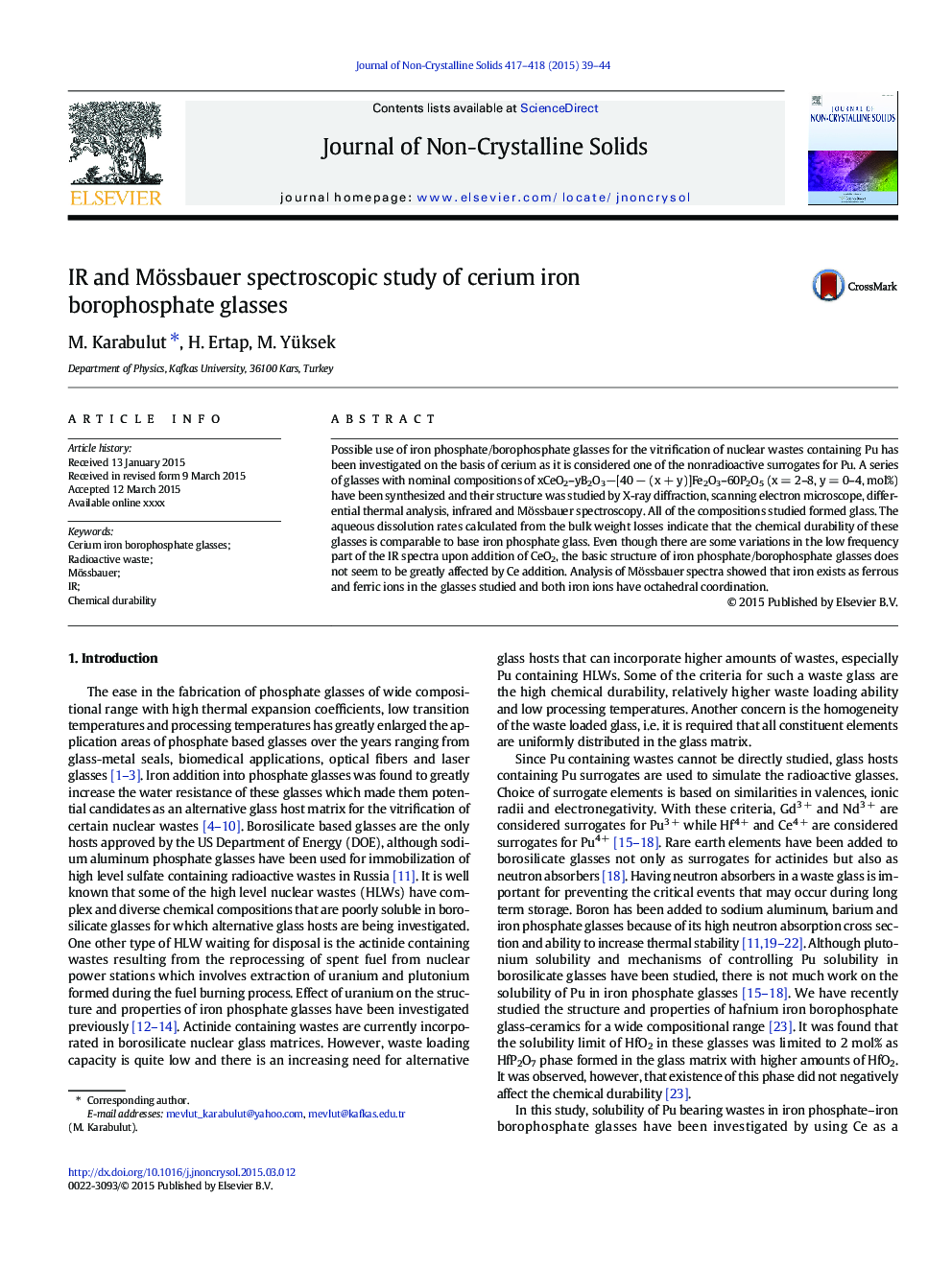 IR and Mössbauer spectroscopic study of cerium iron borophosphate glasses