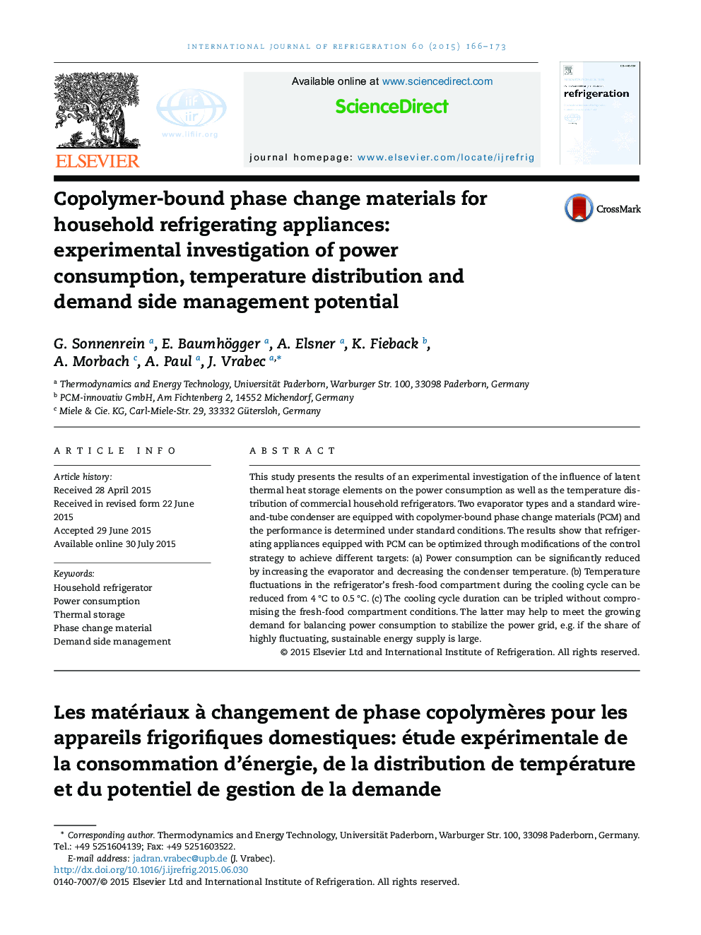 Copolymer-bound phase change materials for household refrigerating appliances: experimental investigation of power consumption, temperature distribution and demand side management potential