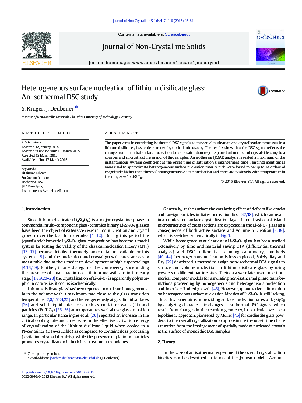 عکس صفحه اول مقاله: Heterogeneous surface nucleation of lithium disilicate glass: An isothermal DSC study Heterogeneous surface nucleation of lithium disilicate glass: An isothermal DSC study