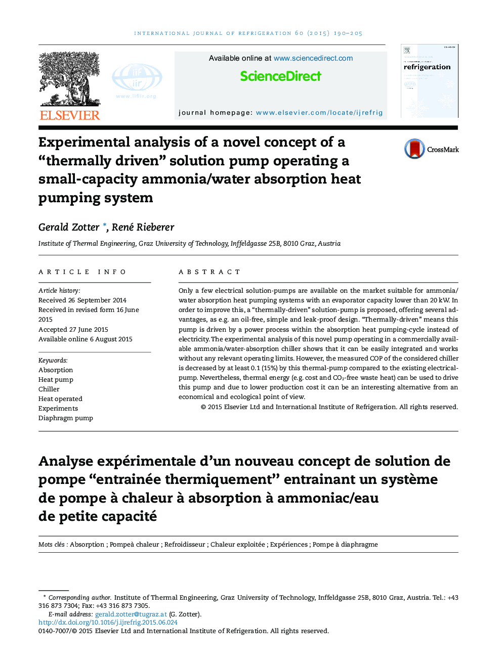 Experimental analysis of a novel concept of a “thermally driven” solution pump operating a small-capacity ammonia/water absorption heat pumping system