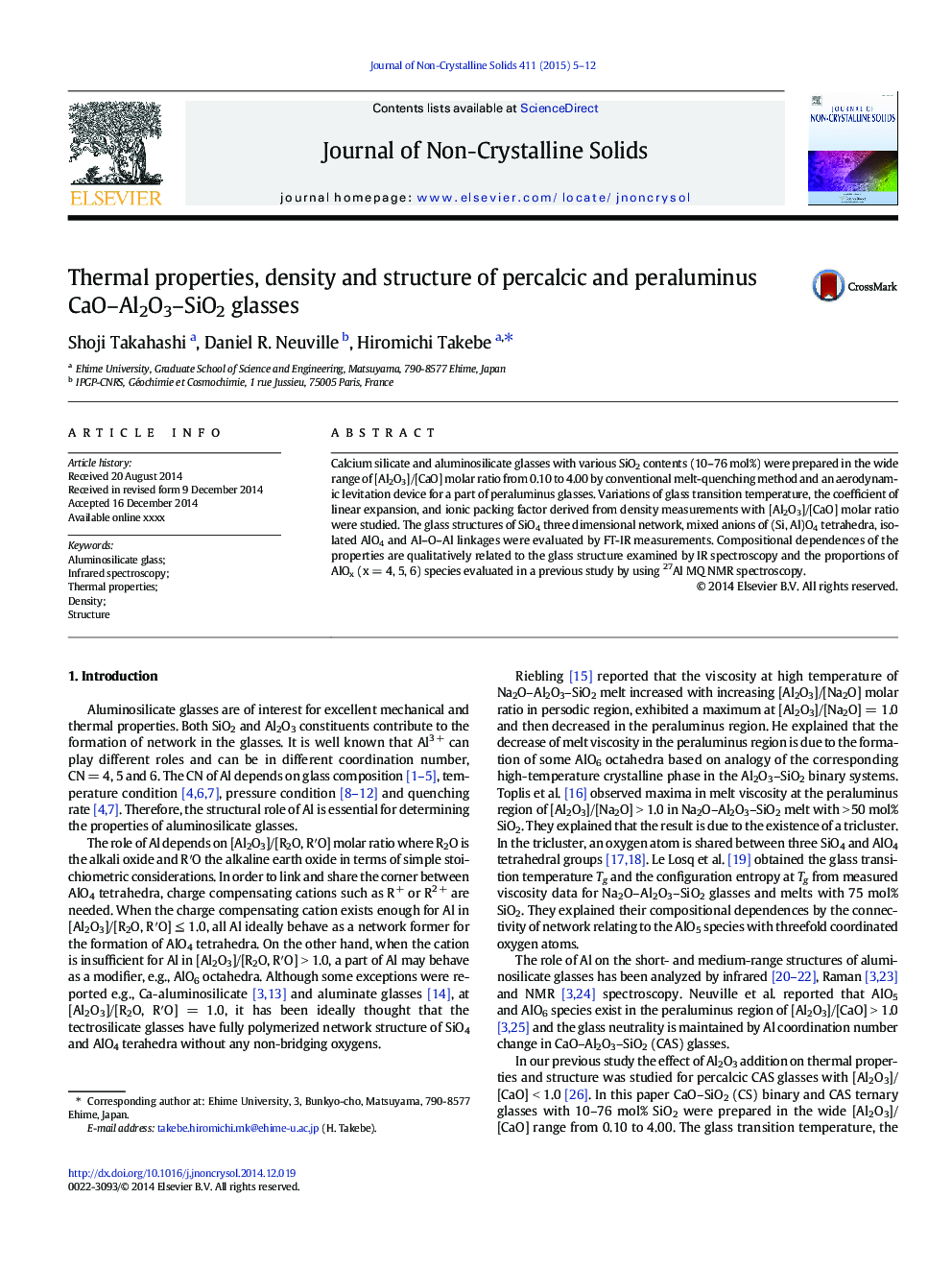 Thermal properties, density and structure of percalcic and peraluminus CaO-Al2O3-SiO2 glasses