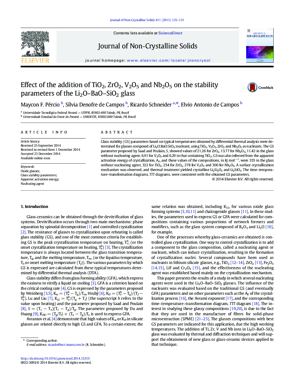 Effect of the addition of TiO2, ZrO2, V2O5 and Nb2O5 on the stability parameters of the Li2O-BaO-SiO2 glass