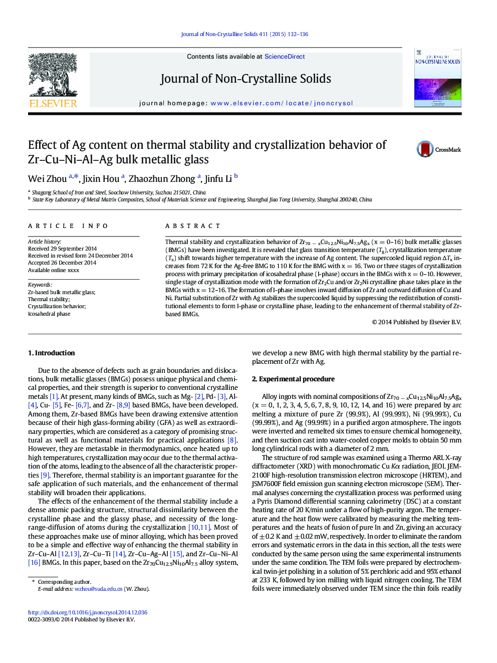 Effect of Ag content on thermal stability and crystallization behavior of Zr-Cu-Ni-Al-Ag bulk metallic glass